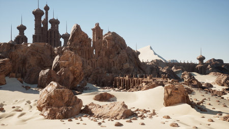 Beneath a clear blue sky, a vast sandy desert showcases ancient stone structures surrounded by towering rock formations. The warm sunlight highlights the intricate details of each ruin.の写真素材