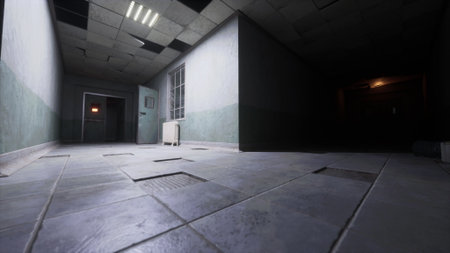 A long, narrow hallway in an abandoned building is illuminated by soft light. Shadows dance on the walls, adding an eerie yet intriguing atmosphere as one gaze into the darkened end.の写真素材