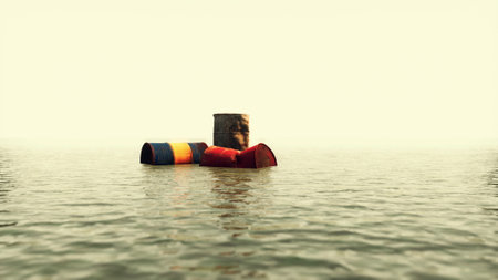 Brightly colored barrels drift peacefully on still water as the sun sets, casting soft reflections. The tranquil scene evokes a sense of calm and serenity in nature.の写真素材