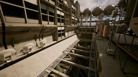 This scene showcases a modern industrial area filled with advanced machinery and intricate...
