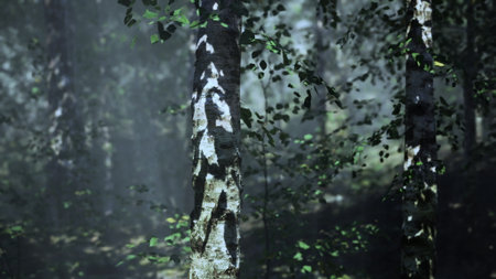 Sunlight gently filters through the canopy of a tranquil forest, illuminating the tall trees. Leaves rustle softly in a peaceful atmosphere, creating a serene setting for contemplation.の写真素材