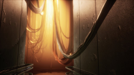 Sunlight floods a narrow corridor, casting warm tones on the walls. Flowing fabric hangs gracefully, adding a touch of softness to the industrial space, creating a calm atmosphere.の写真素材