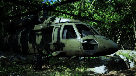 A military helicopter sits quietly on rocky ground, surrounded by vibrant green trees. Sunlight filters through the leaves, creating a serene yet tactical atmosphere in the forest.の写真素材