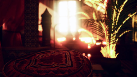 Soft sunlight filters into a rich interior, illuminating decorative cushions and lush plants. Shadows dance on the vibrant textiles, creating a serene atmosphere inviting relaxation.の写真素材