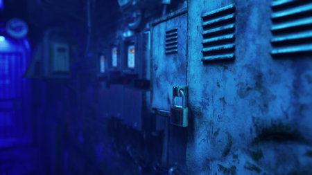 In an eerie industrial setting, dim blue lights cast shadows over rusted machinery and locked cabinets. The atmosphere feels both forgotten and haunting, evoking curiosity about its history.の写真素材