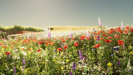 A vibrant field filled with a variety of wildflowers in full bloom stretches under a clear blue sky. The scene captures the beauty of nature in the warmth of spring.の写真素材