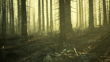 Tall trees stand in a forest bathed in soft, warm light during dusk. Shadows stretch across the...