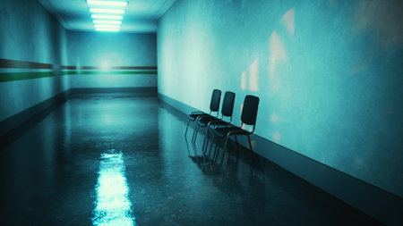 Shiny floors reflect soft blue light as three empty chairs sit silently in a narrow hallway. Clean walls create a serene atmosphere, inviting moments of stillness and contemplation.の写真素材