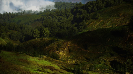 Rolling hills covered in lush greenery stretch across the landscape, bathed in soft light as clouds...