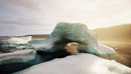 Glacial ice forms an elegant arch over calm waters as soft light of dawn casts gentle hues across...