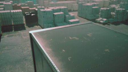 Aerial view shows stacked containers in a cargo yard under clear skies. The setting is vibrant with sunlight illuminating the scene, emphasizing the organized chaos of logistics.の写真素材