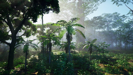 Sunlight filters through tall trees, illuminating rich green ferns and diverse plants. The serene...