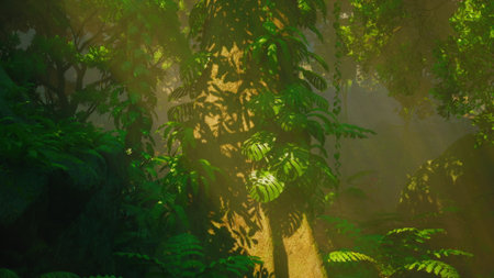 Golden rays of sunlight pierce through dense leaves in a tranquil tropical forest scene filled with vibrant greenery and towering trees. The air is fresh and alive with nature.の写真素材