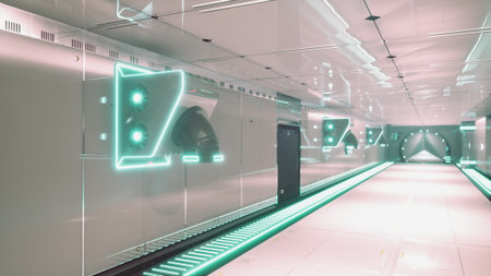 A modern corridor features glowing neon lights and sleek surfaces. The ambiance feels otherworldly, hinting at advanced technology and a sophisticated atmosphere.の写真素材