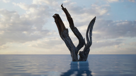 A striking piece of driftwood rises from calm waters, its twisted branches reaching towards the sky. Soft clouds float overhead, reflecting the serene beauty of nature at twilight.の写真素材