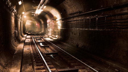 A dark underground tunnel shows rusty tracks leading into the distance. Dim lights illuminate the walls, creating an eerie atmosphere. The setting feels abandoned and mysterious, evoking intrigue.の写真素材