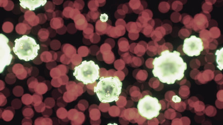 Brightly colored microorganisms drift among sparkling bokeh lights. The scene captures a lively blend of colors and shapes, evoking a sense of wonder about microscopic life.の写真素材