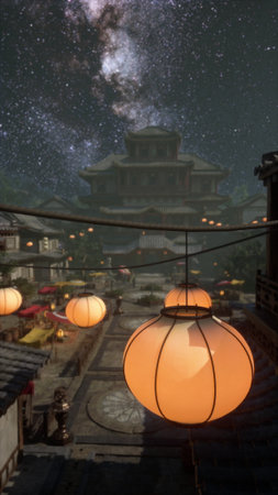 Softly glowing lanterns light up an ancient village square as stars twinkle in the night sky. The enchanting scenery reflects a mix of tradition and cosmic beauty.の写真素材