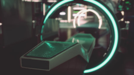 A sleek, modern healthcare facility features advanced medical imaging equipment. Soft green lights illuminate the room, enhancing the futuristic atmosphere.の写真素材