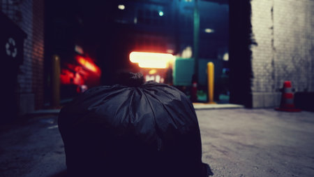A black trash bag sits quietly on the ground in a dim alley.の写真素材