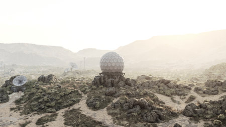 A distant research station stands in an arid desert, surrounded by rugged rocks and satellite dishes. The sun rises, casting a warm glow over the barren landscape, hinting at scientific discoveries.の写真素材