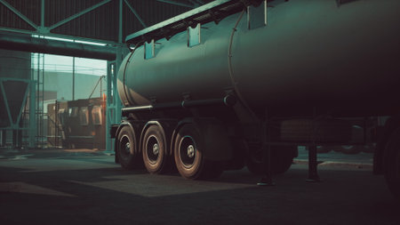 A large tanker truck stands inside a dimly lit industrial warehouse. The shadows create a dramatic atmosphere as machinery looms in the background, hinting at busy work.の写真素材