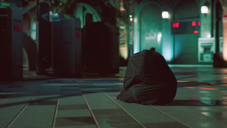 In a dimly lit urban setting, a black bag rests alone on the tiled floor, surrounded by shadows. The atmosphere feels tense yet intriguing, hinting at a hidden story.の写真素材