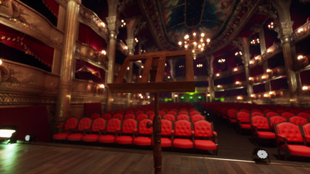 A wooden music stand stands alone on stage in a grand theater. Red seats fill the space waiting for...