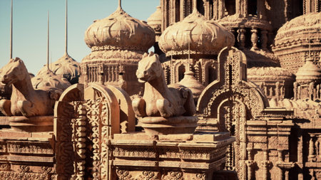 Crafted from sandstone, the temple showcases stunning carvings of horses and ornate patterns under a clear blue sky, creating a breathtaking view in the heart of this ancient site.の写真素材