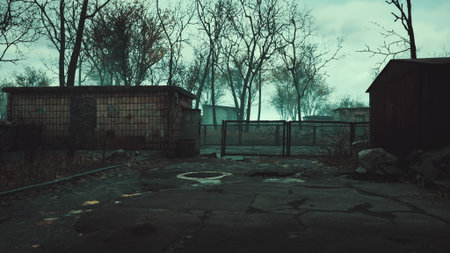 Near a deserted area, barren trees create a haunting atmosphere. Cracked pavement shows signs of neglect, while buildings stand quietly under a gray sky, evoking eerie feelings of solitude.の写真素材