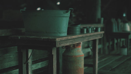 A weathered wooden table holds a metal bucket and several metal cups, illuminated by gentle light in a cozy kitchen setting. The environment evokes warmth and nostalgia.の写真素材