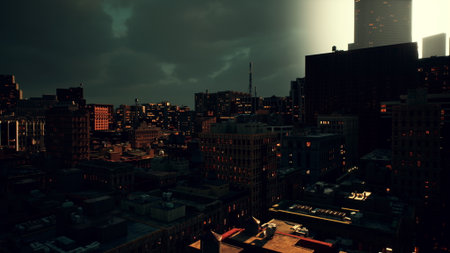 Tall buildings outline the city as evening descends. A mixture of glowing windows and dark clouds creates a striking contrast. The atmosphere feels alive with urban energy.の写真素材