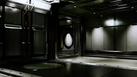 Inside a futuristic space station, sleek metallic walls and dim lighting create an atmosphere of...