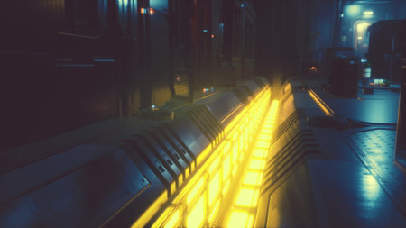 A corridor glows with warm yellow lights reflecting on futuristic surfaces. The atmosphere feels both inviting and mysterious, hinting at advanced technology and unseen stories.の写真素材