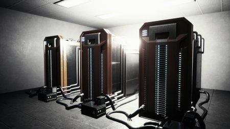 Three advanced energy storage systems stand in a dimly lit, high tech room. Bright lights illuminate...