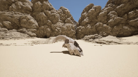 Sunlight blankets a vast desert, highlighting a weathered animal skull resting on golden sand. Surrounding rocky formations create a stark contrast, showcasing natures rugged beauty.の写真素材