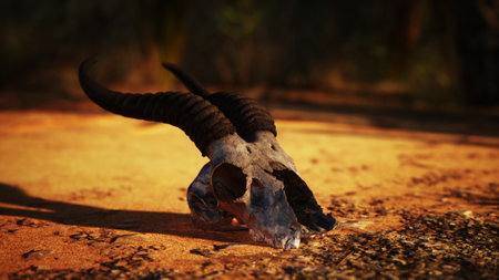 A weathered skull with prominent horns lies on the sandy terrain, bathed in warm sunlight. Surrounding vegetation hints at a wild landscape, creating an atmosphere of stillness and mystery.の写真素材