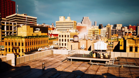 A breathtaking view captures a dynamic city skyline during the golden hour. Rooftops, bustling streets, and modern architecture blend together as the sun casts a warm glow over the scene.の写真素材
