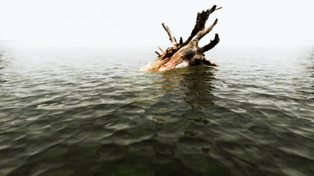 Gentle fog blankets the calm water as a weathered tree stump emerges from the surface. The scene captures a peaceful moment in nature, evoking tranquility and reflection in a serene setting.の写真素材