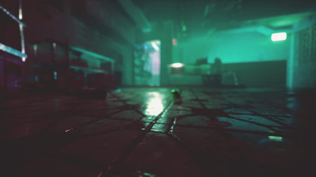 In a quiet urban environment, a faint glow illuminates the wet floor. Shadows flicker as a soft haze fills the room, creating an intriguing and mysterious atmosphere. It invites exploration.の写真素材