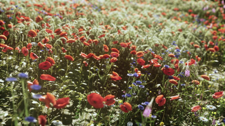 A stunning wildflower field bursts with vibrant red poppies and delicate blue flowers under the warm sun. The scene captures natures beauty, alive with color and harmony.の写真素材