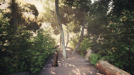 A peaceful wooden pathway meanders through a dense, vibrant forest filled with lush greenery.の写真素材