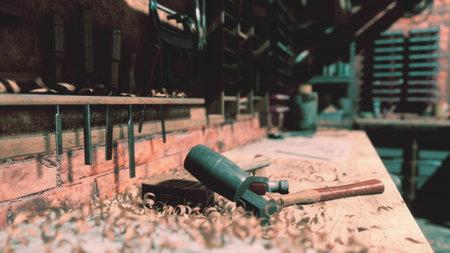 Wooden shavings cover a workbench in a cozy workshop. Tools are scattered around, hinting at recent craftsmanship. Sunlight filters through, enhancing the warm atmosphere and inviting creativity.の写真素材
