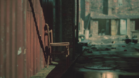 A quaint alley showcases a weathered wooden chair resting against a rusted wall. Shadows play on the cobblestone ground, evoking a sense of nostalgia and quiet mystery in this forgotten space.の写真素材