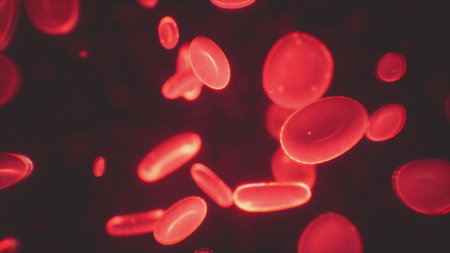 Red blood cells drift gracefully through a dark environment, illuminated by a soft glow. Their vibrant colors create a mesmerizing scene that captures the beauty of lifeâs essence.の写真素材