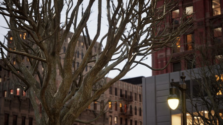 A solitary tree stands tall against the backdrop of an urban setting, as dusk casts a warm glow on nearby buildings and illuminated windows. The evening is serene yet vibrant.の写真素材