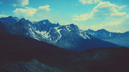 Towering peaks stretch across the horizon, draped in snow and shadows. The soft hues of the sky...