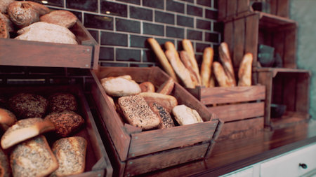 Freshly baked artisan breads are beautifully arranged in rustic wooden crates. The warm atmosphere and rich textures create an inviting space perfect for bread lovers.の写真素材