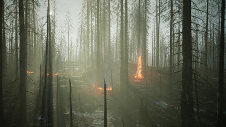 Amidst towering trees, fire crackles and dances as it engulfs dry brush in a serene yet eerie atmosphere. Rays of light pierce through smoke, capturing natures fierce beauty.の写真素材