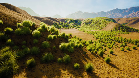 A sprawling desert scene showcases the beauty of rolling hills interspersed with lush green grass. The sun casts gentle shadows over the terrain, enhancing the serene atmosphere of nature.の写真素材